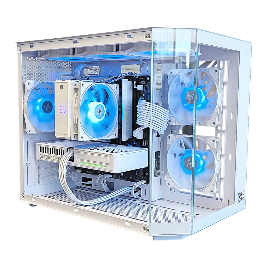 PC gamer blanc Xigmatek Cubi avec carte graphique RTX 5060 Ti et éclairage ARGB