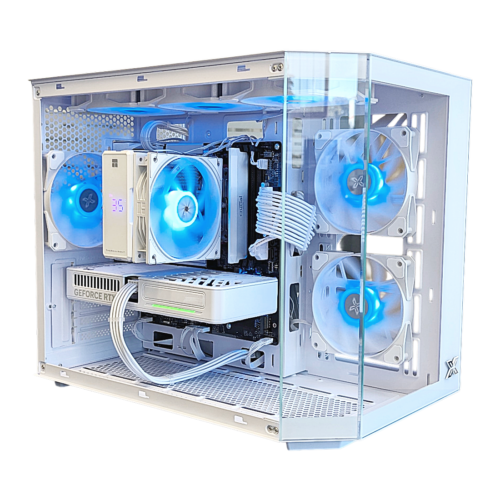 Tour arctic PC gamer blanc Xigmatek Cubi avec carte graphique RTX 5060 Ti et éclairage ARGB