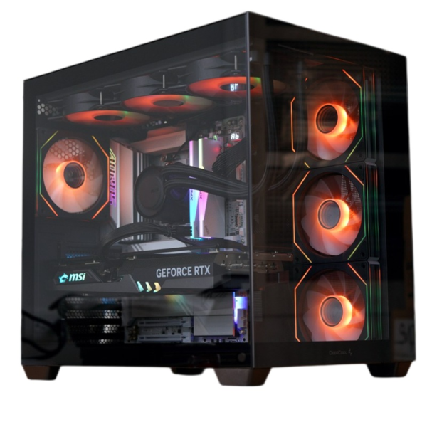 PC gamer Lynxmedia DeepCool Aquarium avec boîtier panoramique en verre trempé, carte graphique NVIDIA RTX 5060, processeur AMD Ryzen 5 9600X et watercooling Cooler Master à affichage digital.